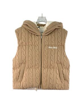 Miu Miu Brown Cable-Knit Logo Embroidered Wool Hooded Zip Sleeveless Down Vest